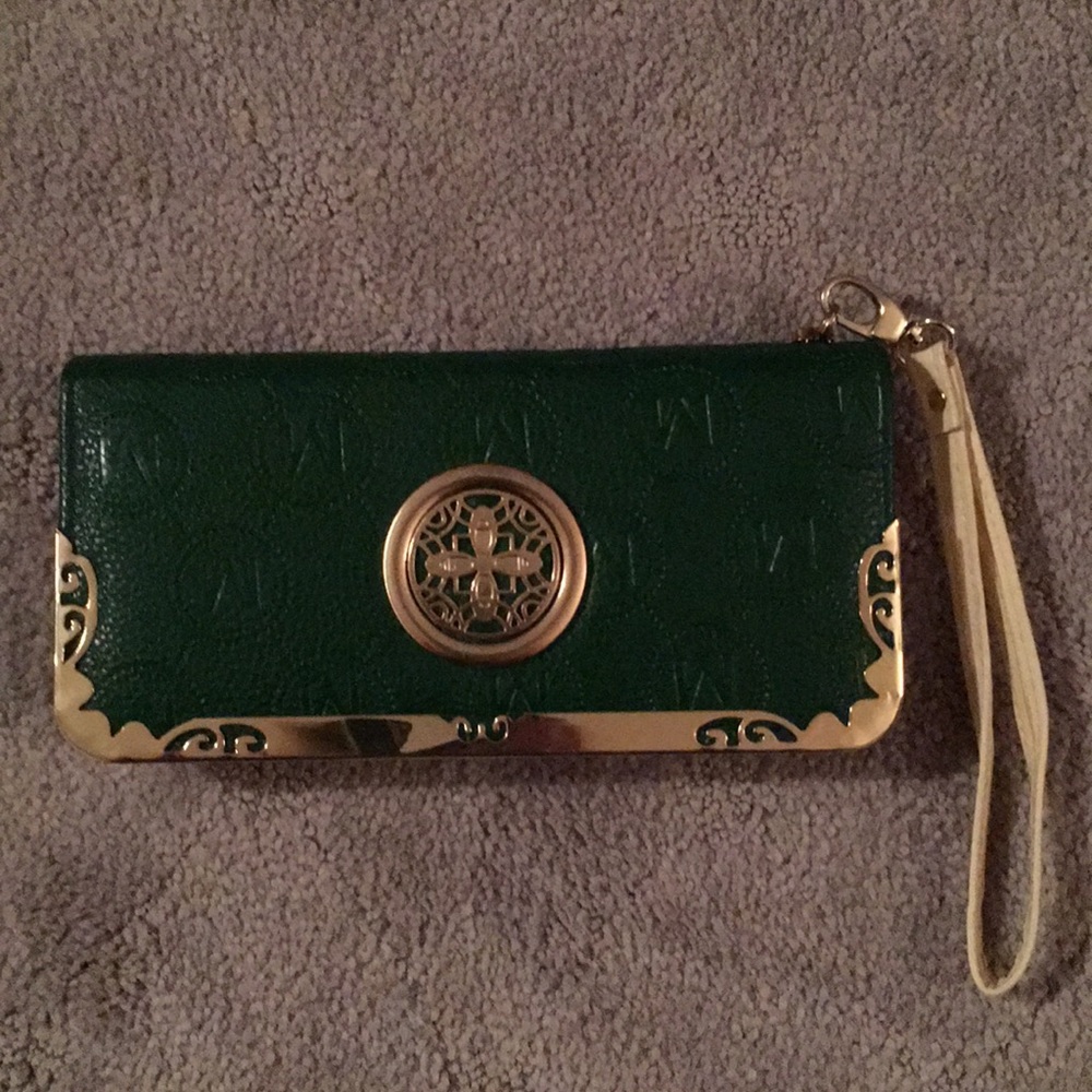 Beautiful Hunter Green Clutch Wallet with Gold Rim